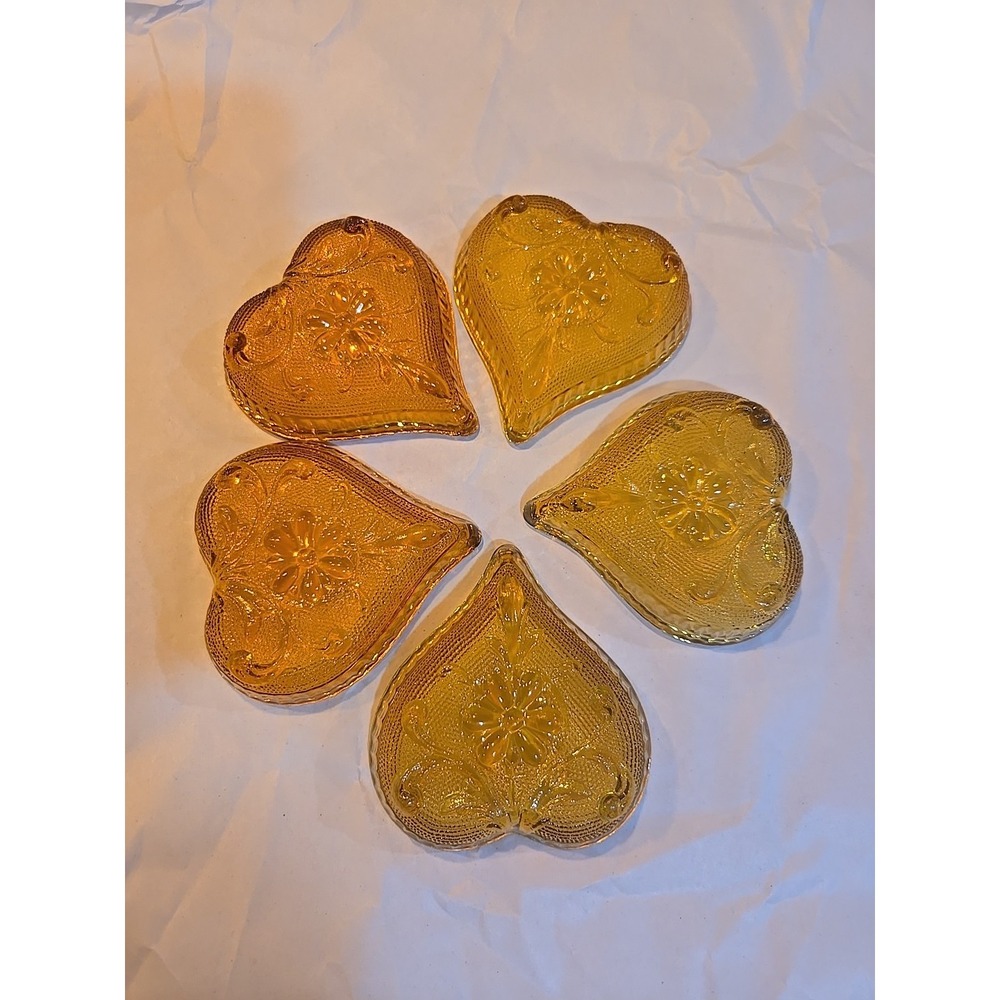Indiana Glass Tiara Amber Heart Shaped Trinket Dish Set Of 5 Vintage